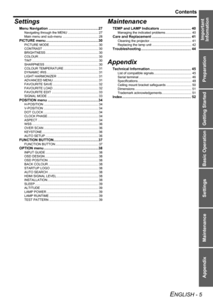 Page 5Preparation Getting Started Basic Operation Settings Maintenance Appendix
ENGLISH - 5
Contents
Important 
Infomation
Settings
Menu Navigation ..................................................27
Navigating through the MENU .................................. 27
Main menu and sub-menu ........................................ 28
PICTURE menu .....................................................30
PICTURE MODE ....................................................... 30
CONTRAST...