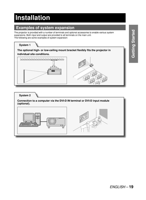 Page 19ENGLISH – 19
Getting Started
Examples of system expansion
The projector is provided with a number of terminals and optional accessories to enable various system 
expansions. Both input and output are provided to all terminals on the main unit.
The following are some examples of system expansion:
Installation
System 1
The optional high- or low-ceiling mount bracket flexibly fits the projector in 
individual site conditions.
System 2
Connection to a computer via the DVI-D IN terminal or DVI-D input module...