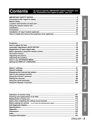 Page 3ENGLISH – 3
Getting StartedGetting Started
Basic Operation Special Features Information
Contents
IMPORTANT SAFETY NOTICE ............................................................................................. 4
Precautions with regard to safety ........................................................................................ 6
Before Using ........................................................................................................................ 10
Location and function of each...