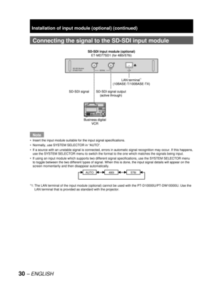 Page 3030 – ENGLISH
Connecting the signal to the  SD-SDI input module
Note
Insert the input module suitable for the input signal specifications.
Normally, use SYSTEM SELECTOR in “AUTO”. 
If a source with an unstable signal is connected, errors in automatic signal recognition may occur. If this happens, 
use the SYSTEM SELECTOR menu to switch the format to the one which matches the signals being input.
If using an input module which supports two different signal specifications, use the SYSTEM SELECTOR menu 
to...