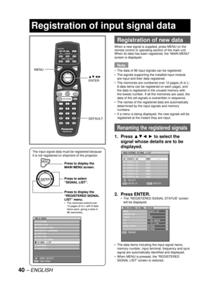 Page 4040 – ENGLISH
Registration of input signal data
The input signal data must be registered because 
it is not registered on shipment of the projector.
MENUPress to display the 
MAIN MENU screen.
Press to select 
“SIGNAL LIST”.
Press to display the 
“REGISTERED SIGNAL 
LIST” menu.
The memories extend over 
12 pages (A to L with 8 data 
items each, giving a total of 
96 memories). •
MENUPress to display the 
MAIN MENU screen.
Press to select 
“SIGNAL LIST”.
Press to display the 
“REGISTERED SIGNAL 
LIST”...