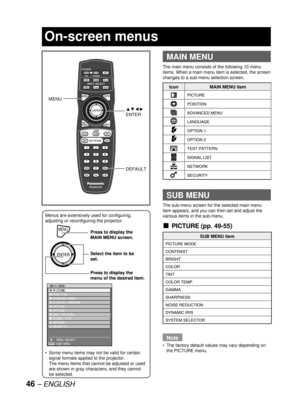 Page 4646 – ENGLISH
Menus are extensively used for configuring, 
adjusting or reconfiguring the projector.
Some menu items may not be valid for certain 
signal formats applied to the projector. 
The menu items that cannot be adjusted or used 
are shown in gray characters, and they cannot 
be selected. •
MENUPress to display the 
MAIN MENU screen.
Select the item to be 
set.
Press to display the 
menu of the desired item.
MENUPress to display the 
MAIN MENU screen.
Select the item to be 
set.
Press to display...