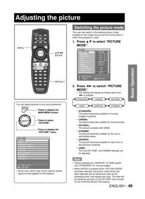 Page 49ENGLISH – 49
Basic Operation
You can adjust pictures to suit your preference.
Some menu items may not be valid for certain 
signal formats applied to the projector. •
MENUPress to display the 
MAIN MENU screen.
Press to select 
“PICTURE”.
Press to display the 
“PICTURE” menu.
MENUPress to display the 
MAIN MENU screen.
Press to select 
“PICTURE”.
Press to display the 
“PICTURE” menu.
MAIN MENU
  PICTURE
  POSITION
  ADVANCED MENU
  DISPLAY LANGUAGE
  OPTION1
  OPTION2
  TEST PATTERN
  SIGNAL LIST...