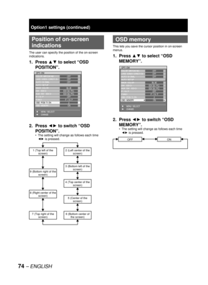 Page 7474 – ENGLISH
  Position of on-screen 
indications
The user can specify the position of the on-screen 
indications.
1. Press ▲▼ to select “OSD 
POSITION”.
2. Press ◄► to switch “OSD 
POSITION”.
The setting will change as follows each time 
◄► is pressed.
2 (Left center of the 
screen)
3 (Bottom left of the 
screen)
4 (Top center of the 
screen)
5 (Center of the 
screen)
6 (Bottom center of 
the screen)
1 (Top left of the 
screen)
9 (Bottom right of the 
screen)
8 (Right center of the 
screen)
7 (Top right...