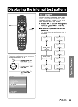 Page 83ENGLISH – 83
Special Features
The projector has 8 types of internal test patterns 
to check the condition of the set.
MENUPress to display the 
MAIN MENU screen.
Press to select “TEST 
PATTERN”.
Press to display the 
“TEST PATTERN” 
screen.
MENUPress to display the 
MAIN MENU screen.
Press to select “TEST 
PATTERN”.
Press to display the 
“TEST PATTERN” 
screen.
MAIN MENU
  PICTURE
  POSITION
  ADVANCED MENU
  DISPLAY LANGUAGE
  OPTION1
  OPTION2
  TEST PATTERN
  SIGNAL LIST
  NETWORK
  SECURITY
    MENU...