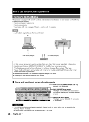 Page 8686 – ENGLISH
  Network connections
The projector is equipped with network functions, and web browser controls can be used to carry out the following 
operations from a computer.
Projector settings and adjustments
Projector status display
Transmission of E-mail messages if there is a problem with the projector
Note
A LAN cable is required to use the network function.
Name and function of network function parts
Attention
If the LAN terminal is touched by electrostatically charged hands (or body), failure...