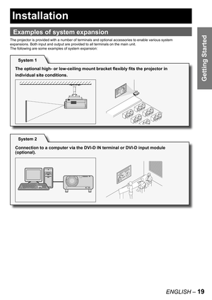 Page 19ENGLISH – 19
Getting Started
Examples of system expansion
The projector is provided with a number of terminals and optional accessories to enable various system 
expansions. Both input and output are provided to all terminals on the main unit.
The following are some examples of system expansion:
Installation
System 1
The optional high- or low-ceiling mount bracket flexibly fits the projector in 
individual site conditions.
System 2
Connection to a computer via the DVI-D IN terminal or DVI-D input module...