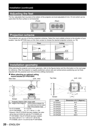 Page 2020 – ENGLISH
 
Adjusting the feet
The four adjustable feet mounted at the bottom of the projector are level-adjustable (0 mm–15 mm) which can be 
used when the floor surface is not horizontal.
  Projection scheme
This projector can use any of the four projection schemes. Select the most suitable scheme to the situation of your 
location. Use the OPTION menu on the menu screen to choose the desired projection scheme. (
p. 76)
Installation geometry
When planning the projector and screen geometry, refer to...