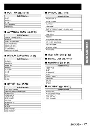 Page 47Basic Operation
ENGLISH – 47
POSITION (pp. 56-59)
ADVANCED MENU (
pp. 60-65)
DISPLAY LANGUAGE (
p. 66)
OPTION1 (
pp. 67-74)
■
■
■
■
SUB MENU item
SHIFT
ASPECT
ZOOM
CLOCK PHASE
KEYSTONE
SUB MENU item
SHIFT
ASPECT
ZOOM
CLOCK PHASE
KEYSTONE
SUB MENU item
DIGITAL CINEMA REALITY
BLANKING
INPUT RESOLUTION
CLAMP POSITION
EDGE BLENDING
FRAME DELAY
RASTER POSITION
SUB MENU item
DIGITAL CINEMA REALITY
BLANKING
INPUT RESOLUTION
CLAMP POSITION
EDGE BLENDING
FRAME DELAY
RASTER POSITION
SUB MENU item
ENGLISH
DEUTSCH...