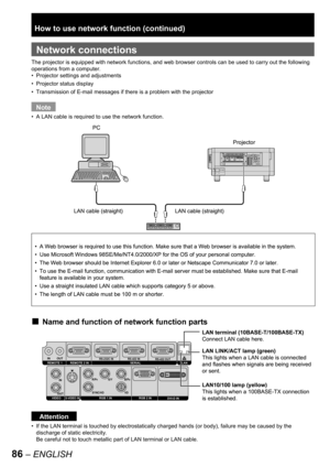 Page 8686 – ENGLISH
 
Network connections
The projector is equipped with network functions, and web browser controls can be used to carry out the following 
operations from a computer.
Projector settings and adjustments
Projector status display
Transmission of E-mail messages if there is a problem with the projector
Note
A LAN cable is required to use the network function.
Name and function of network function parts
Attention
If the LAN terminal is touched by electrostatically charged hands (or body), failure...