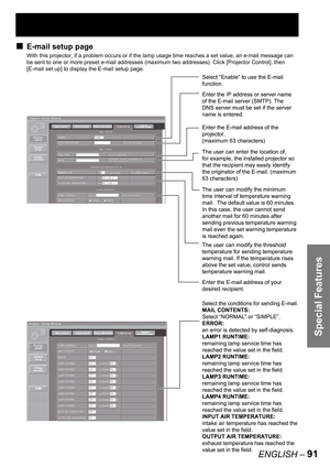 Page 91Special Features
ENGLISH – 91
E-mail setup page
With this projector, if a problem occurs or if the lamp usage time reaches a set value, an e-mail message can 
be sent to one or more preset e-mail addresses (maximum two addresses). Click [Projector Control], then 
[E-mail set up] to display the E-mail setup page.
■
Select “Enable” to use the E-mail 
function.
Enter the IP address or server name 
of the E-mail server (SMTP). The 
DNS server must be set if the server 
name is entered.
Enter the E-mail...