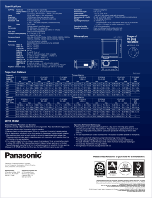 Page 6Projection distanceDimensions Specifications
DLP®chip Panel size
Display method
Pixels
Lamp
Brightness
Contrast ratio
Resolution RGB
Video
Lens
Screen size
Lens shift
RGB input scanning frequency
Component signal
Video signal
Terminals VIDEO IN
     VIDEO OUT
S-VIDEO IN
RGB1/YP
BPR IN
RGB2 IN
DVI-D IN
SERIAL IN
SERIAL OUT
REMOTE 1 IN
REMOTE 1 OUT
REMOTE 2 IN
LAN
Keystone correction range0.95 diagonal (4:3 aspect ratio)
DLP
® chip x 3 (R, G, B), DLP® projection system
1,470,000 (1,400 x 1,050) x 3, total...