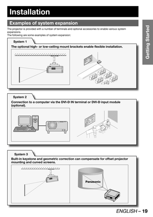 Page 19ENGLISH – 19
Getting Started
Installation
Examples of system expansion
The projector is provided with a number of terminals and optional accessories to enable various system 
expansions.
The following are some examples of system expansion:
System 1
The optional high- or low-ceiling mount brackets enable flexible installation.
System 2
System 3 Connection to a computer via the DVI-D IN terminal or DVI-D input module 
(optional).
Built-in keystone and geometric correction can compensate for offset...