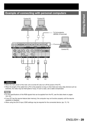 Page 29ENGLISH – 29
Getting Started
Example of  connecting with personal computers
IN OUTRS-232C IN RS-422 IN
RS-422 OUTSERIAL REMOTE 1 REMOTE 2 IN
OUTIN
SYNC/HD VDB/P
BG/Y R/PR
S-VIDEO INVIDEO RGB 2 IN
DVI-D IN RGB 1 IN
LAN
To 2nd projector 
(SERIAL IN terminal)
I/F
PCControl PC Control PC
Control PC
PC PC
Attention
When the main power of the main unit is turned off, also turn off the power of the PC. • 
When the length of the cable from a PC to the projector is long or when there are many relay devices such...