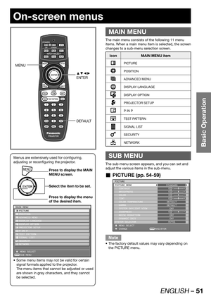 Page 51ENGLISH – 51
Basic Operation
On-screen menus
 
MAIN MENU
The main menu consists of the following 11 menu 
items. When a main menu item is selected, the screen 
changes to a sub-menu selection screen.
Icon MAIN MENU item
PICTURE
POSITION
ADVANCED MENU
DISPLAY LANGUAGE
DISPLAY OPTION
PROJECTOR SETUP
P IN P
TEST PATTERN
SIGNAL LIST
SECURITY
NETWORK
  SUB MENU
The sub-menu screen appears, and you can set and 
adjust the various items in the sub-menu.
PICTURE (pp. 54-59)  „
ENTER
PICTURE
PICTURE MODE...