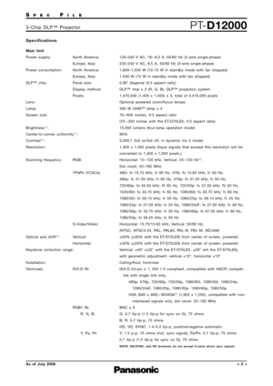 Page 2SPECFILE
PT-D120003-Chip DLP™ Projector
As of July 2008< 2 >
Specifications
Main Unit
Power supply: North America:
Europe, Asia
Power consumption: North America:
Europe, Asia
DLP™ chip:  Panel size:
Display method:
Pixels:
Lens: 
Lamp:
Screen size:
Brightness *
1:
Center-to-corner uniformity *
1:
Contrast *
1:
Resolution: 
Scanning frequency:  RGB:
YP
BPR(YCBCR):
S-Video/Video:
Optical axis shift*
3: Vertical: 
Horizontal:
Keystone correction range:
Installation:
Terminals: DVI-D IN:
RGB1 IN:
R, G, B:
Y,...