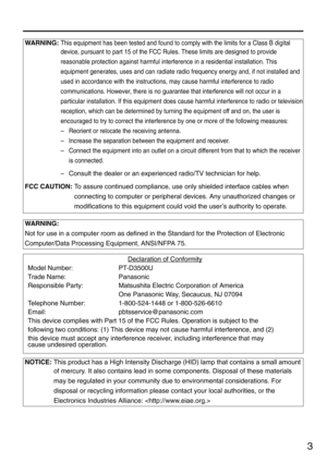 Page 33
WARNING: This equipment has been tested and found to comply with the limits for a Class B digital
device, pursuant to part 15 of the FCC Rules. These limits are designed to provide
reasonable protection against harmful interference in a residential installation. This
equipment generates, uses and can radiate radio frequency energy and, if not installed and
used in accordance with the instructions, may cause harmful interference to radio
communications. However, there is no guarantee that interference...