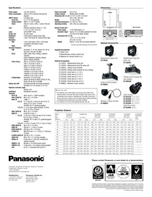 Page 4
Specifications
Power supply
P ower consumption
DMD™ device Panel size
Display method
Pixels
Lens
Lamp
Screen size
Brightness
Contrast
Resolution RGB
Video
Scanning frequency  RGB
DVID
YP
BPR(YCBCR)
SVideo/Video 
Optical axis shift
Keystone correction range
Installation
T erminals
DVID IN
DVID AUDIO IN
RGB1 IN R, G, B
Y,P
B, PR
RGB1 AUDIO IN
RGB2 IN
R,G,B
Y, P
B,PRRGB2 AUDIO IN
VIDEO IN
VIDEO AUDIO IN
SVIDEO IN
SVIDEO AUDIO IN
AUDIO OUT
SERIAL IN
REMOTE 1 IN
REMOTE 2 IN
LAN
120  V AC, 50/60 Hz
400 W (15...