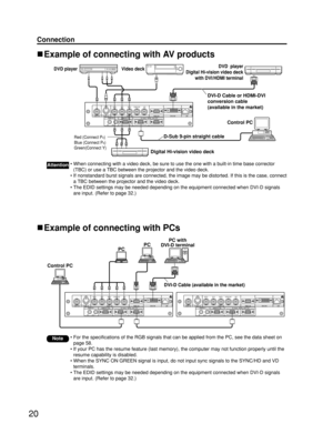 Page 2020
Connection
Example of connecting with PCs
RGB 2 IN
 VDSYNC/HDB/PBG/YRR/P
SERIALREMOTE 1
REMOTE 2 ININOUTLANDVI-D INRGB 1 INVIDEO INS-VIDEO  IN
IN OUT
RGB 2 IN
 VDSYNC/HDB/PBG/YRR/P
SERIALREMOTE 1
REMOTE 2 ININOUTLANDVI-D INRGB 1 INVIDEO INS-VIDEO  IN
IN OUT
DVI-D Cable (available in the market)
PC with
DVI-D terminalPC
PC
Control PC
Note• For the specifications of the RGB signals that can be applied from the PC, see the data sheet on
page 58.
• If your PC has the resume feature (last memory), the...