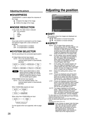 Page 2828
Adjusting the pictureAdjusting the position
POSITION
SHIFT
ASPECT      
ZOOM
CLOCK PHASE 
KEYSTONE
MENU SELECT
4:3
+16
SUB MENU
SHIFT
The position where the images are displayed can
be moved here.
: The position is moved horizontally.
: The position is moved vertically.
ASPECT
AUTO : (For S-Video/Video signals only)At this setting, when S1 video signals*1are
identified as being input to the S-Video
connector or video ID signals are identified
as being input to the video connector, the
images are...