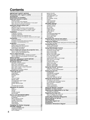 Page 44
Contents
IMPORTANT SAFETY NOTICE ..................................2
Precautions with regard to safety ............................5
Accessories ................................................................7
Precautions on handling ...........................................8
Name and function of parts.......................................9
Remote control ..................................................................9
Front and side of the projector ........................................11...