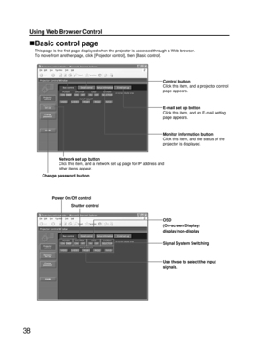 Page 3838
Using Web Browser Control 
Basic control page
This page is the first page displayed when the projector is accessed through a Web browser.
To move from another page, click [Projector control], then [Basic control]. 
Power On/Off control 
Shutter control
Network set up button
Click this item, and a network set up page for IP address and
other items appear.
Change password button
Signal System Switching
Control button
Click this item, and a projector control
page appears.
E-mail set up button
Click this...