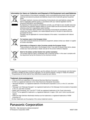 Page 60Note:
Purchase of this equipment includes the rights to use this software (the built-in microcomputer and information
recorded on ROMs) but does not grant copyrights. Do not reverse engineer, change or modify the software.
The guarantee will not be valid for any malfunctions caused by such actions.
Trademark Acknowledgement
• VGA and XGA are trademarks of International Business Machines Corporation.
• S-VGA is a registered trademark of the Video Electronics Standards Association.
• “Microsoft Windows” is...