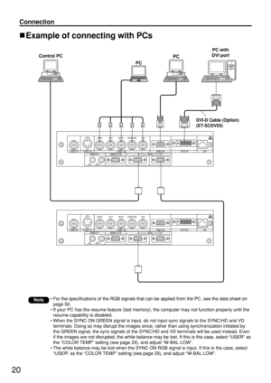 Page 2020
Example of connecting with PCs
RGB 2 IN
 VDSYNC/HDB/PBG/YRR/P
SERIALREMOTE 1REMOTE 2 IN INOUTLANDVI-D INRGB 1 INVIDEO INS-VIDEO  IN
IN OUT
RGB 2 IN
 VDSYNC/HDB/PBG/YRR/P
SERIALREMOTE 1REMOTE 2 IN INOUTLANDVI-D INRGB 1 INVIDEO INS-VIDEO  IN
IN OUT
DVI-D Cable (Option)
(ET-SCDV03)
PC with
DVI port
PC
PCControl PC
Note• For the specifications of the RGB signals that can be applied from the PC, see the data sheet on
page 56.
• If your PC has the resume feature (last memory), the computer may not function...