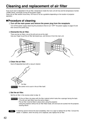 Page 4242
Cleaning and replacement of air filter
If too much dust is deposited in the air filter, temperature inside the main unit will rise and the temperature monitor
(TEMP) blinks, eventually turning off the power supply.
Clean the air filter section once every 100 hours or so as a guideline depending on the location of projector
operation.
Procedure of cleaning
Turn off the main power and remove the power plug from the receptacle.
Turn off the power supply observing the procedure (How to turn “OFF” the...