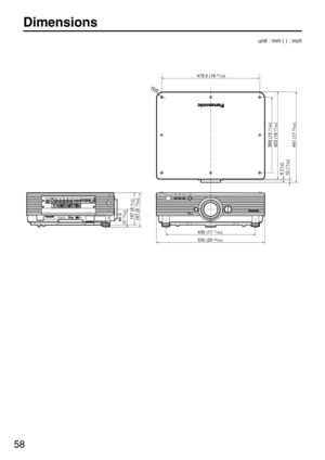 Page 5858
Dimensions
LAMP1LAMP2POWERTEMP
D LP>PC<      TBMU448
RGB 2 IN VDSYNC/HDB/PBG/YRR/P
SERIALREMOTE 1REMOTE 2 IN INOUTLANDVI-D INRGB 1 INVIDEO INS-VIDEO  ININ OUT
86.5
(3 13/32)
167 (6 
12/64)
157 (6 
3/16)
530 (20 55/64)
436 (17 11/64)
368 (14 
31/64)
425 (16 
47/64)
441 (17 
23/64)
4 (5/32)
12 (15/32)
R30
478.5 (18 27/32)
unit : mm ( ) : inch 