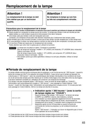 Page 6565
Remplacement de la lampe
Précautions pour le remplacement de la lampe
Retirez la fiche du cordon d’alimentation et assurez-vous que la section qui entoure la lampe est refroidie.
Soyez prudent en manipulant la lampe source de lumière. La lampe peut éclater si elle est heurtée par des
objets solides ou si elle tombe à cause de la forte pression d’air dans l’ampoule.
Une lampe usée peut éclater si elle est manipulée sans soin.
Contactez une entreprise d’évacuation des déchets industriels pour...