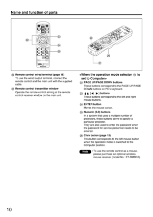 Page 1010
Name and function of parts 

PAGE UP/PAGE DOWN buttons
These buttons correspond to the PAGE UP/PAGE
DOWN buttons on PC’s keyboard.
( ) buttons
These buttons correspond to the left and right
mouse buttons.
ENTER button
Moves the mouse cursor.
Numeric (0-9) buttons
In a system that uses a multiple number of
projectors, these buttons serve to specify a
particular projector.
They are also used to enter the password when
the password for service personnel needs to be
entered.
Click button (page 15)
This...