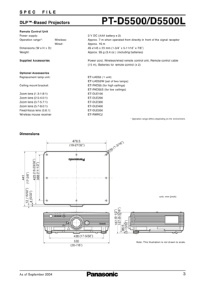 Page 3
3
PT-D5500/D5500LDLP™-Based Projectors S P E C     F I L E
Remote Control Unit
Power supply:  3 V DC (AAA battery x 2)
Operation range*:  Wireless:  Approx. 7 m when operated from directly in front of the signal receptorWired:  Approx. 15 m
Dimensions (W x H x D):  45 x145 x 23 mm (1-3/4 ˝ x 5-11/16 ˝ x 7/8 ˝)
Weight:  Approx. 95 g (3.4 oz.) (including batteries)
Supplied Accessories Power cord, Wireless/wired remote control unit, Remote control cable 
(15 m), Batteries for remote control (x 2)
Optional...