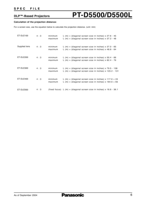 Page 66
PT-D5500/D5500LDLP™-Based Projectors S P E C     F I L E
As of September 2004 Calculation of the projection distance:
For a screen size, use the equation below to calculate the projection distance. (unit: mm)
ET-DLE100
Supplied lens
ET-DLE200
ET-DLE300
ET-DLE400
ET-DLE0504 : 3 minimum L (m) = (diagonal screen size in inches) x 27.6 - 45
maximum L (m) = (diagonal screen size in inches) x 37.2 - 48
4 : 3 minimum L (m) = (diagonal screen size in inches) x 37.0 - 65
maximum L (m) = (diagonal screen size in...