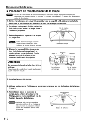 Page 110110
Remplacement de la lampe
Attention
• Au bout de 1 500 heures de fonctionnement pour une même lampe, le projecteur ne peut plus
fonctionner que pendant environ 10 minutes. 10 minutes. Les étapes 8 à 14 doivent être achevées en
moins de dix minutes.
1. Mettez hors tension en suivant la procédure de la page 39 à 40, débranchez la fiche
électrique et vérifiez que les éléments autour de la lampe ont refroidi.
2. En utilisant un tournevis Phillips, retirez les
7 vis de la porte daccès à la lampe située à...