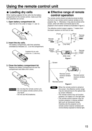 Page 1515
Loading dry cells
When loading supplied AA dry cells into the battery
compartment of the remote control, make sure that
their polarities are correct.
1. Open battery compartment lid.
Open the lid in the order of steps  and  .
2. Insert the dry cells.
Into battery compartment, with their polarities
orientated as indicated ( ,  )in the compartment.
3. Close the battery compartment lid.
Replace the battery compartment lid over the
compartment and slide until it clicks.
Effective range of remote
control...