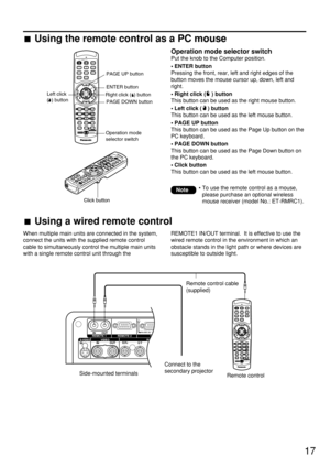 Page 1717
Using the remote control as a PC mouse
Operation mode selector switch
Put the knob to the Computer position.
• ENTER button
Pressing the front, rear, left and right edges of the
button moves the mouse cursor up, down, left and
right.
• Right click ( ) button
This button can be used as the right mouse button.
• Left click ( ) button
This button can be used as the left mouse button.
• PAGE UP button
This button can be used as the Page Up button on the
PC keyboard.
• PAGE DOWN button
This button can be...