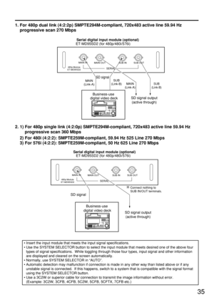 Page 3535
1. For 480p dual link (4:2:2p) SMPTE294M-compliant, 720x483 active line 59.94 Hz
progressive scan 270 Mbps
• Insert the input module that meets the input signal specifications.
• Use the SYSTEM SELECTOR button to select the input module that meets desired one of the above four
types of signal specifications.  While toggling through those four types, input signal and other information
are displayed and cleared on the screen automatically.
• Normally, use SYSTEM SELECTOR in “AUTO”.
• Automatic detection...