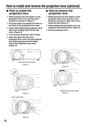 Page 3838
How to install and remove the projection lens(optional)
How to install the
projection lens
While pressing the lock button on the
projection lens cover, pull the cover
forward to remove it. (Figure 1)
Pull and remove the dustproof sheet on
the back of the projection lens cover.
Insert while aligning the projection lens
side mark (orange) with the set side
mark. (Figure 2)
Turn the lens clockwise until it clicks.
Insert the tab at the left of the
projection lens cover into the projector
and while...