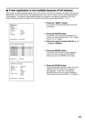 Page 4545
If new registration is not available because of full memory:
If the number of already registered signals is 96, or the memory is full when you entered a new signal, then press the
MENU button of the remote control or the operating section of the main unit, and a “Confirm overwriting registration”
screen appears.  This means to erase registered signal and to register a new signal by overwriting. In this case,
erase the registered signal and register a new signal by overwriting using the following Steps...