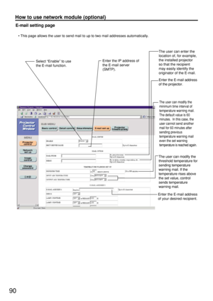 Page 9090
How to use network module (optional)
E-mail setting page
• This page allows the user to send mail to up to two mail addresses automatically.
Select “Enable” to use
the E-mail function.Enter the IP address of
the E-mail server
(SMTP).The user can enter the
location of, for example,
the installed projector
so that the recipient
may easily identify the
originator of the E-mail.
Enter the E-mail address
of the projector.
The user can modify the
minimum time interval of
temperature warning mail.
The...