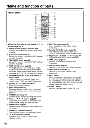 Page 1010
Name and function of parts 
< When the operation mode selector  is
set to Projector >
Remote control operation indicator lamp
The lamp flashes when any remote control button
is pressed.
POWER ON button (page 39)
Turns on the power if the MAIN POWER has been
put to the “l” position.
POWER OFF button (page 40)
Turns off the power if the MAIN POWER has been
put to the “l” position.
AUTO SET UP button (page 43)
Pressing this button while projecting an image
automatically corrects the picture positioning...