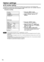 Page 7070
Option settings
OPTION
  ID 2
  SETTING FRONT-F
  LAMP1 RUNTIME 57h
  LAMP2 RUNTIME 60h
  LAMP SELECT DUAL
  LAMP POWER HIGH
  LAMP COOLING TIME SHORT
  RS232C SETTING
  RGB2 SELECT RGB1 OUT
  OSD POSITION 1
     :MENU SELECT    
     :CHANGE
MAIN MENU
         PICTURE
         POSITION
         LANGUAGE
         OPTION
         TEST PATTERN
         SIGNAL LIST
     :MENU SELECT    
ENTER:SUB MENU
Press the “ENTER” button.
The OPTION screen will be displayed.
Select “ID” with  buttons and
change the...