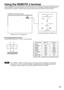 Page 8181
Using the REMOTE 2 terminal provided on the side of the main unit, it is possible to operate the projector from a
control panel etc. furnished in a distant location where infrared remote control signal cannot be received.
Pin assignments and control
Be sure to short-circuit Pins  and  when controlling.
D-Sub 9-pin (female) 
external appearance
Note
Example of a control panel layout
Projector set up in a meeting roomControl panel located in a different room
STANDBYON
VIDEO/S-VIDEO
S-VIDEO
RGB2 RGB...