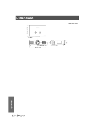 Page 5252 - ENGLISH
Appendix
Dimensions
300 (11-25/32)
15 (9/16)
460 (18-3/32)
230 (9-1/32)
60
(2-11/32)
147
(5-25/32)130
(5-3/32)110 (4-5/16)
Units: mm (inch)
PT-AE1000E.book  Page 52  Monday, October 16, 2006  1:05 PM 