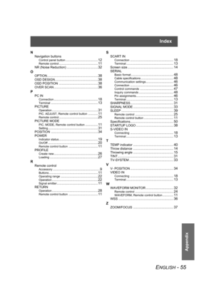 Page 55Index
ENGLISH - 55
Appendix
N
Navigation buttons
Control panel button.................................12
Remote control........................................11
NR (Noise Reduction)................................32
O
OPTION....................................................38
OSD DESIGN............................................38
OSD POSITION........................................38
OVER SCAN.............................................36
P
PC IN...