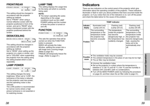 Page 2039
Advanced OperationOthers
38
IndicatorsThere are two indicators on the control panel of the projector which give
information about the operating condition of the projector. These indicators
illuminate or flash to warn you about problems that have occurred inside the
projector, so if you notice that one of the indicators is on, turn off the power
and check the table below for the cause of the problem.ProblemIndicator
display
Flashing (red)
(Lamp unit on)
The surrounding
temperature or the
temperature...