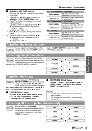 Page 25Basic Operation
Remote control operation
ENGLISH - 25
QAdjusting with RGB options
1. Press the ENTER button until the required option 
is displayed.
2. Press the PIC. ADJUST twice to display the 
GAMMA of the ADVANCED MENU menu.
3. Press G several times to display the required 
brightness option.
4. Adjust the brightness option by pressing I H.
 Adjust the bottom line of the waveform to 0% 
(0 IRE or 7.5 IRE).
 Setting range: -16 to +16
5. Press G once to display the required contrast 
option.
6. Adjust...