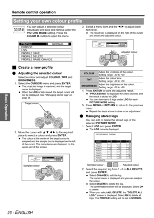 Page 26Basic Operation
Remote control operation
26 - ENGLISH
You can adjust a selected colour 
individually and save and retrieve under the 
PICTURE MODE setting. Press the 
COLOR M. button to open the menu.
JCreate a new profile
QAdjusting the selected colour
Select a colour and adjust COLOUR, TINT and 
BRIGHTNESS.
1. Select the CURSOR menu and press ENTER.
 The projected image is captured, and the target 
cursor is displayed. 
 When the LOG is fully stored, the target cursor will 
not be displayed. See...