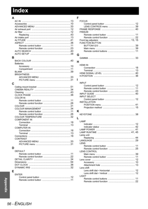 Page 5656 - ENGLISH
Appendix
Index
A
AC IN ......................................................................13
Accessories ..............................................................10
ADVANCED MENU ...................................................33
Air exhaust port ........................................................12
Air filter ....................................................................12
Replacing ...........................................................43
Air intake port...